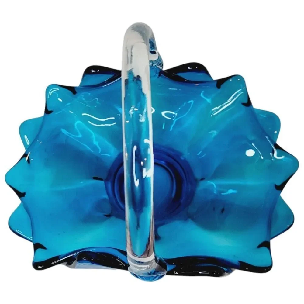 Vtg Viking Art Glass 1960s Blue With Clear Handle Epic Basket‎ Candy Dish #1510